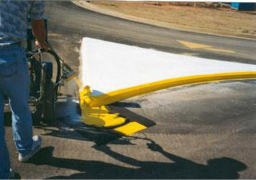 Airless spray cold application liquid water based thermoplastic traffic paint.