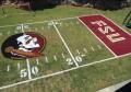 painting football field mid fieldlogo on home yard lawn.