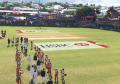 Cricket pitch advertisement logo painting opening ceremony picture.