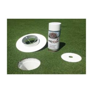 Metal bracket over spray paint shield golf course putting hole painting.