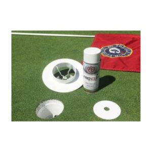 Putting hole white aerosol paint used by prestigious golf clubs courses.