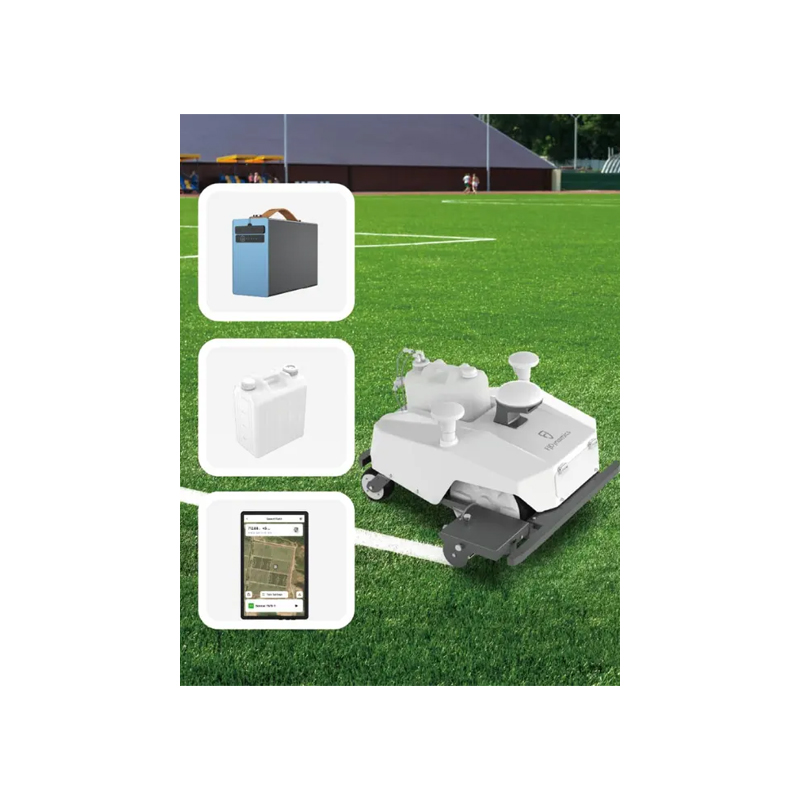 field marking robot large paint container, extended battery life controlled via tablet or phone.