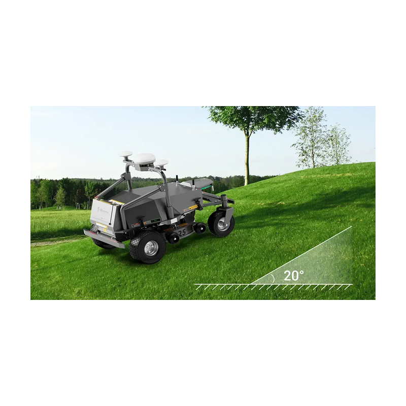 autonomous grass cutting mower robot commercial grade cuts grass on slopes without getting stuck.