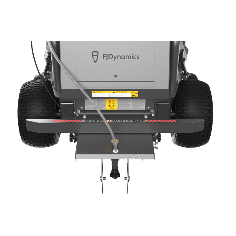 Spray assembly conical flat nozzle paint sprayer setup on robot grass mower soccer football lacrosse athletic fields line marking robot.