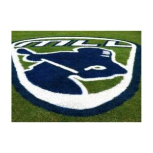 Painting Lacrosse Team Logo Stencil Mascot Using Custom Colors On Grass.