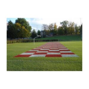 Red white paint high school football field end zone grass painting