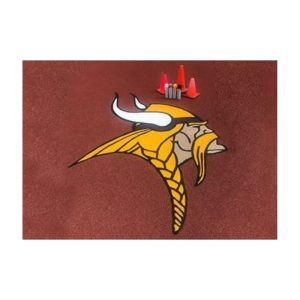 Viking Mascot Stencil Logo Painted In Yellow And Purple On Red Turf
