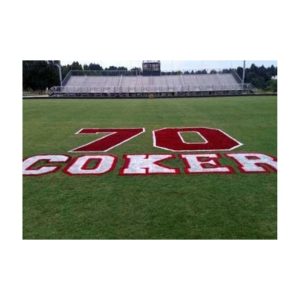Sports Field With Large Red Mascot Logo Stencil Reading Coker