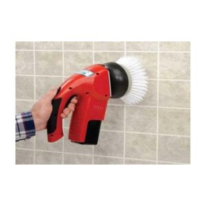 Red Handheld Power Scrubber Against Tiled Wall