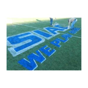 Logo on synthetic field turf with aerosol removable chalk.