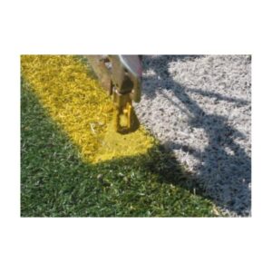 Spray application of removable yellow turf paint lacrosse line synthetic field turf striping line marking.